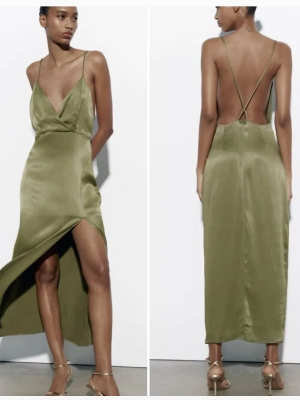 ZARA SATIN EFFECT MIDI DRESS IN KHAKI - Size L